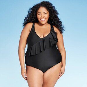 Women's Black Ruffle One-Piece Swimsuit With Adjustable Straps 20W